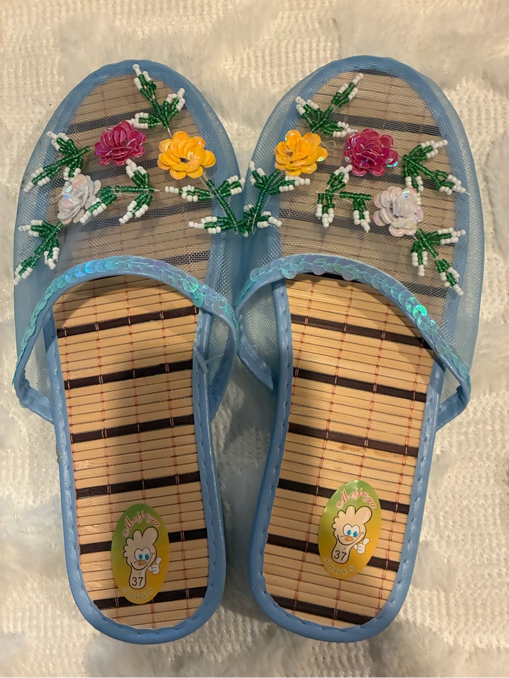 Kids Floral Beaded Blue Slide Sandals - Comfort Slip-On